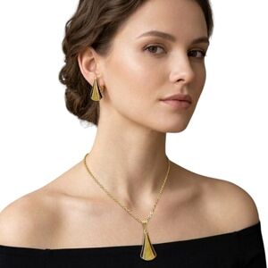 Vintage Art Deco Gold Tone Black Enamel Glitter Pendant Necklace Clip-On Earring